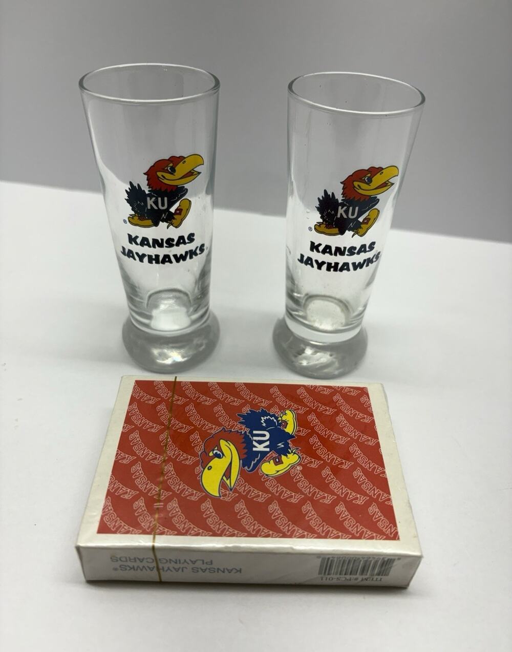 Kansas Jayhawks Beer Glasses Set of 2 + Sealed Playing Cards NCAA KU Collectible